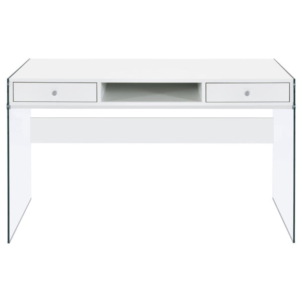 English Elm Barretta High Gloss White Writing Desk with Glass Legs and Chrome Hardware for Modern Spaces B062P514293