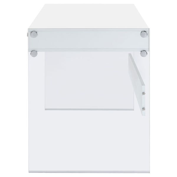 English Elm Barretta High Gloss White Writing Desk with Glass Legs and Chrome Hardware for Modern Spaces B062P514293