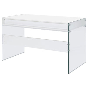 English Elm Barretta High Gloss White Writing Desk with Glass Legs and Chrome Hardware for Modern Spaces B062P514293
