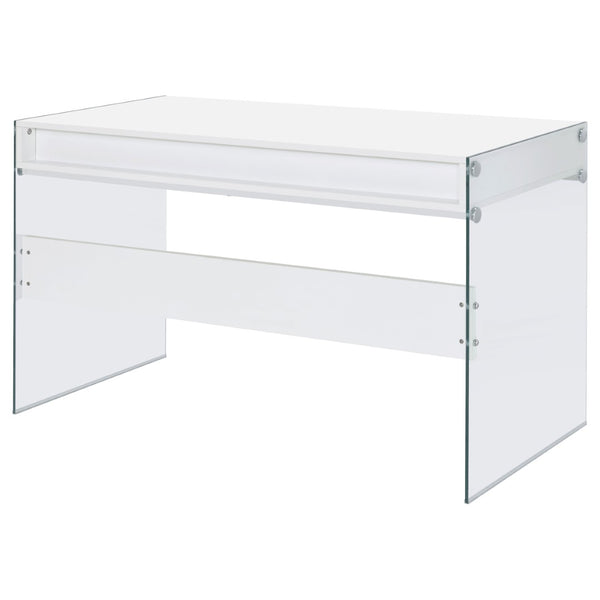 English Elm Barretta High Gloss White Writing Desk with Glass Legs and Chrome Hardware for Modern Spaces B062P514293