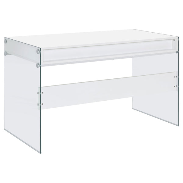 English Elm Barretta High Gloss White Writing Desk with Glass Legs and Chrome Hardware for Modern Spaces B062P514293