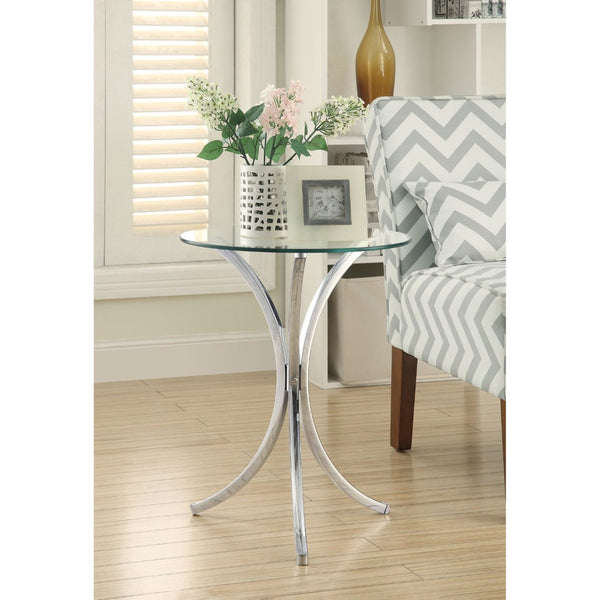 English Elm Claudia Round Glass Top Accent Table with Sculptural Chrome Legs for Modern Spaces B062P514382
