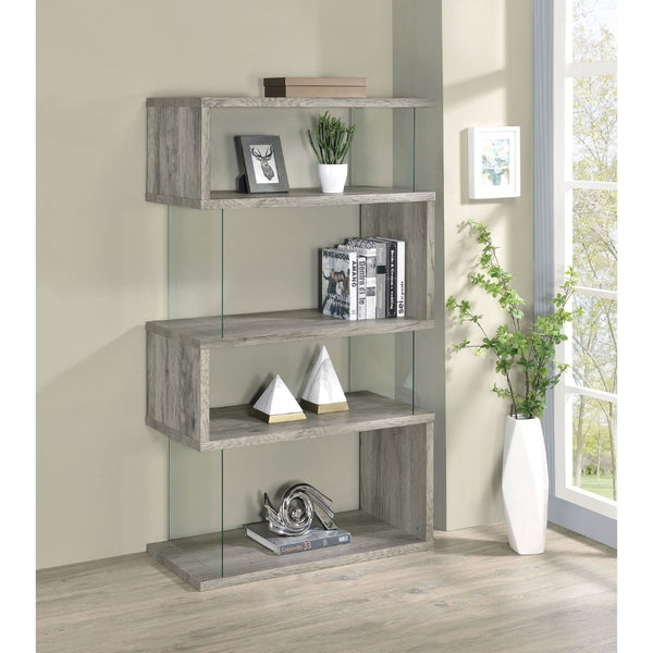 English Elm Elias Zigzag 4-Shelf Bookcase with Tempered Glass Panels Grey Driftwood Living Room B062P514421