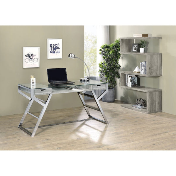 English Elm Elias Zigzag 4-Shelf Bookcase with Tempered Glass Panels Grey Driftwood Living Room B062P514421