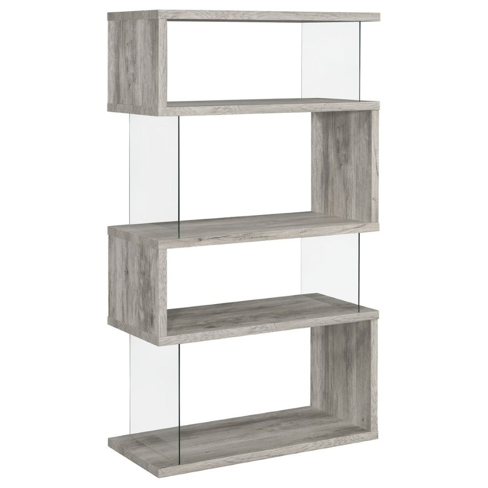 English Elm Elias Zigzag 4-Shelf Bookcase with Tempered Glass Panels Grey Driftwood Living Room B062P514421