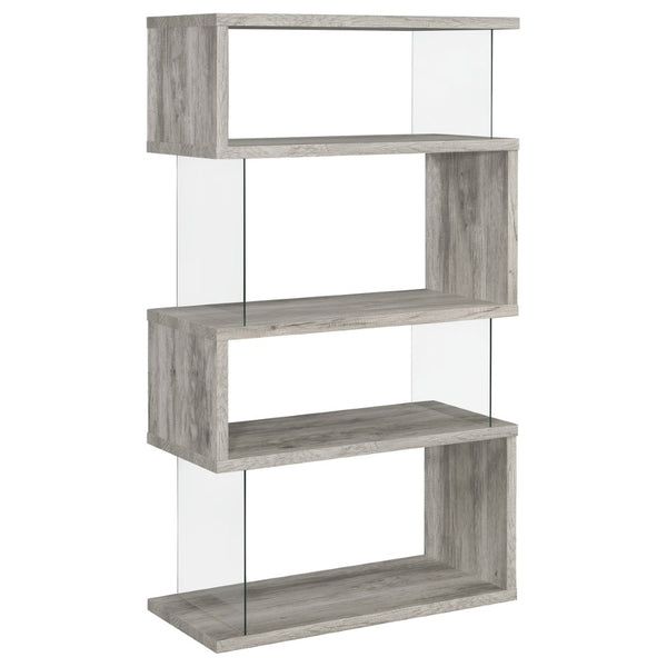 English Elm Elias Zigzag 4-Shelf Bookcase with Tempered Glass Panels Grey Driftwood Living Room B062P514421