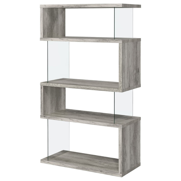 English Elm Elias Zigzag 4-Shelf Bookcase with Tempered Glass Panels Grey Driftwood Living Room B062P514421