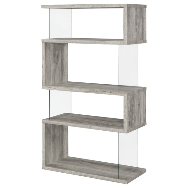 English Elm Elias Zigzag 4-Shelf Bookcase with Tempered Glass Panels Grey Driftwood Living Room B062P514421