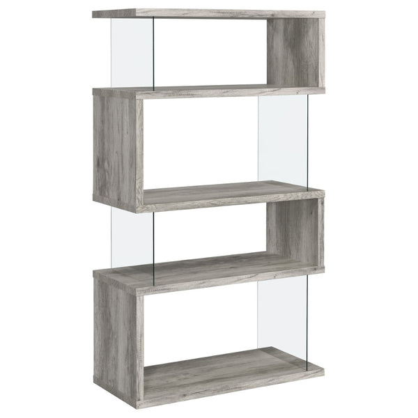 English Elm Elias Zigzag 4-Shelf Bookcase with Tempered Glass Panels Grey Driftwood Living Room B062P514421