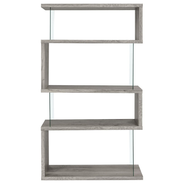 English Elm Elias Zigzag 4-Shelf Bookcase with Tempered Glass Panels Grey Driftwood Living Room B062P514421