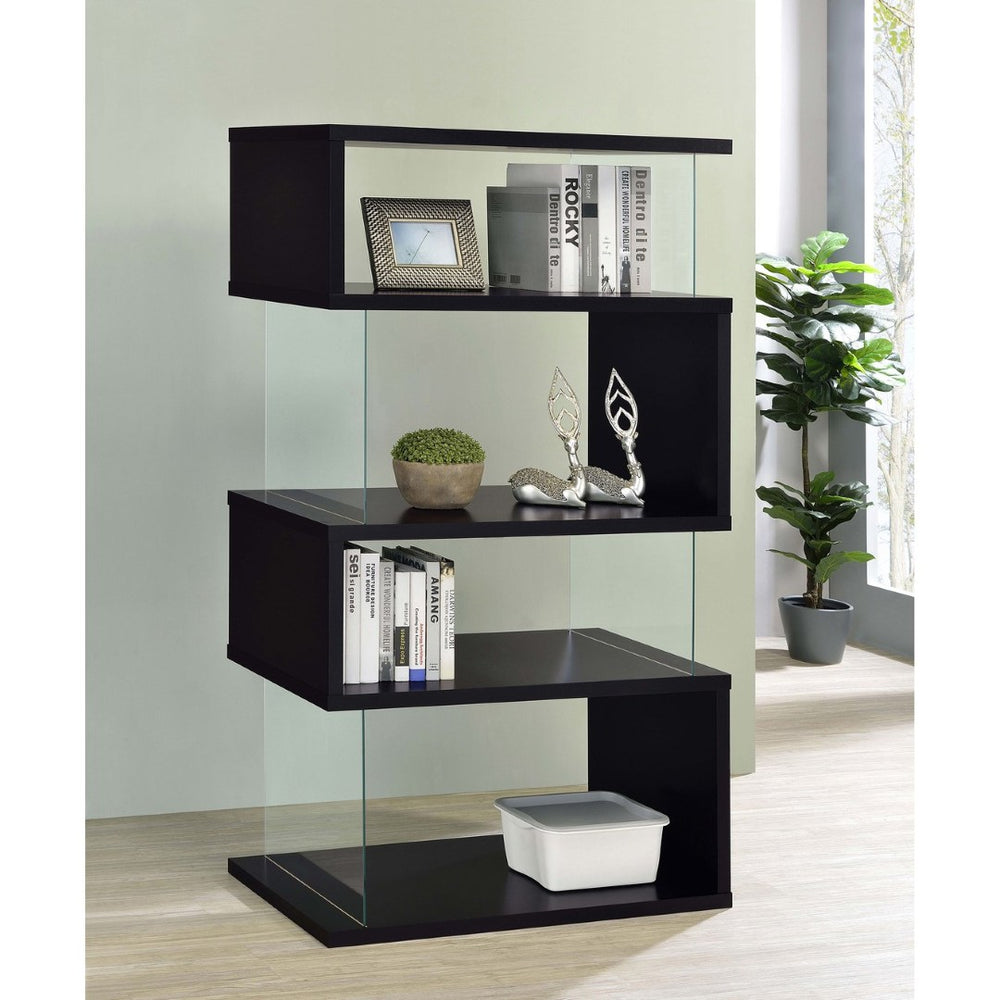 English Elm Elias Zigzag Four Tier Bookcase with Tempered Glass Panels for Modern Living B062P514422