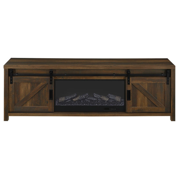 English Elm Clover Farmhouse Fireplace TV Stand with Barn Doors and Dark Pine Finish B062P514424