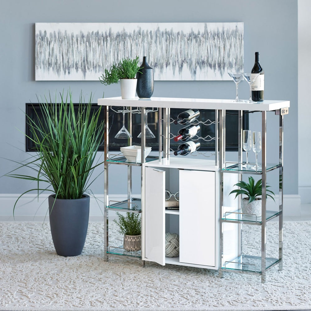 English Elm Parsley Gloss White Bar Cabinet with Chrome Frame Glass Shelves and Wine Storage B062P516934