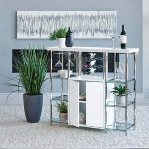 English Elm Parsley Gloss White Bar Cabinet with Chrome Frame Glass Shelves and Wine Storage B062P516934