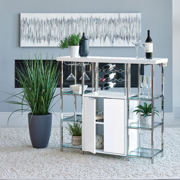English Elm Parsley Gloss White Bar Cabinet with Chrome Frame Glass Shelves and Wine Storage B062P516934