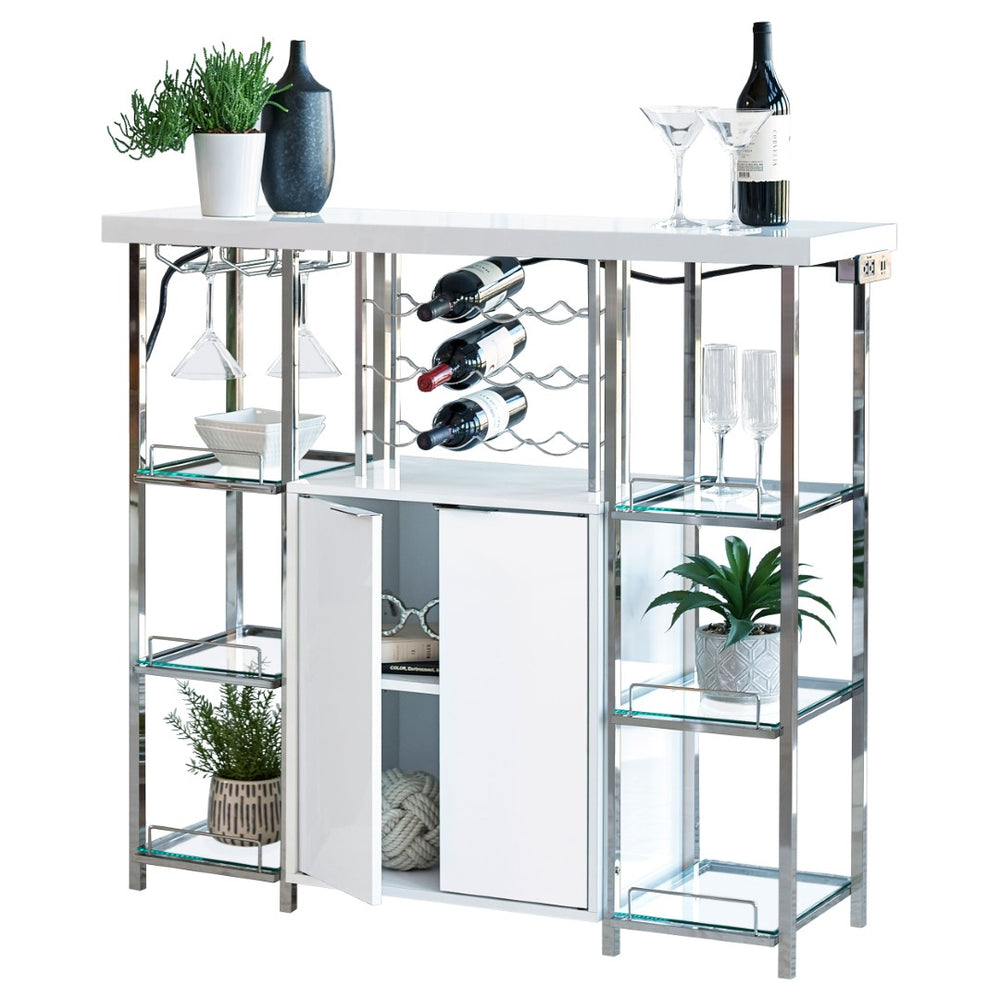 English Elm Parsley Gloss White Bar Cabinet with Chrome Frame Glass Shelves and Wine Storage B062P516934