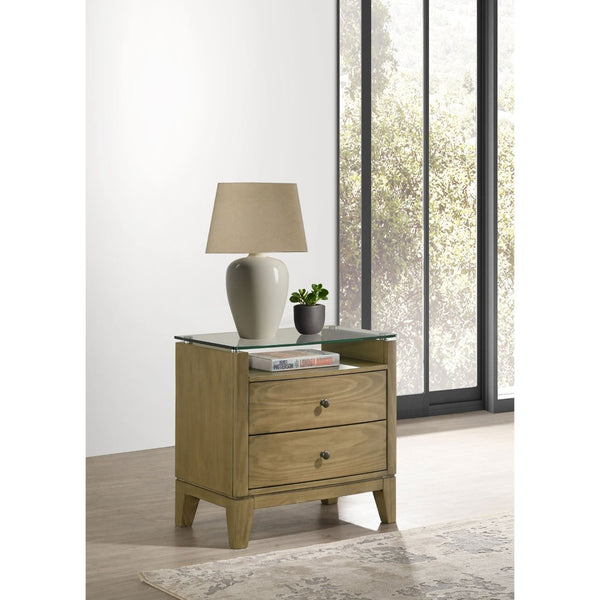 English Elm Menlo Pine Finish Two-Drawer Nightstand with Glass Top and Antique Nickel Hardware B062P517021