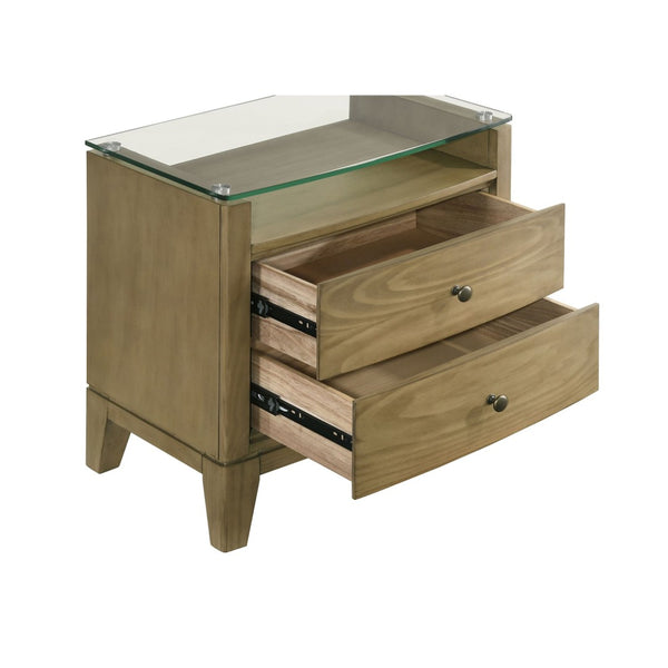 English Elm Menlo Pine Finish Two-Drawer Nightstand with Glass Top and Antique Nickel Hardware B062P517021