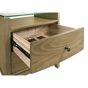 English Elm Menlo Pine Finish Two-Drawer Nightstand with Glass Top and Antique Nickel Hardware B062P517021