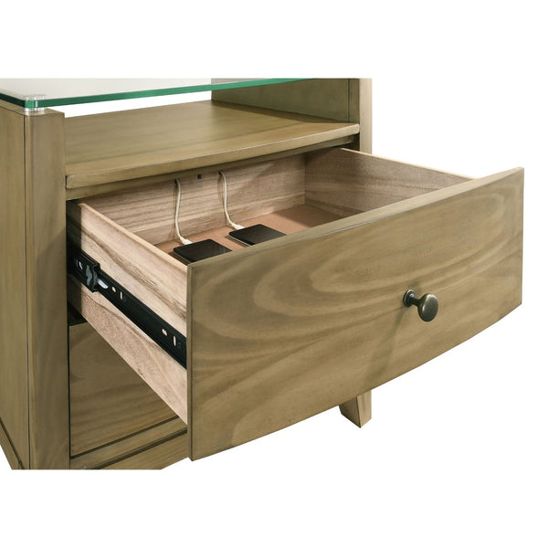 English Elm Menlo Pine Finish Two-Drawer Nightstand with Glass Top and Antique Nickel Hardware B062P517021