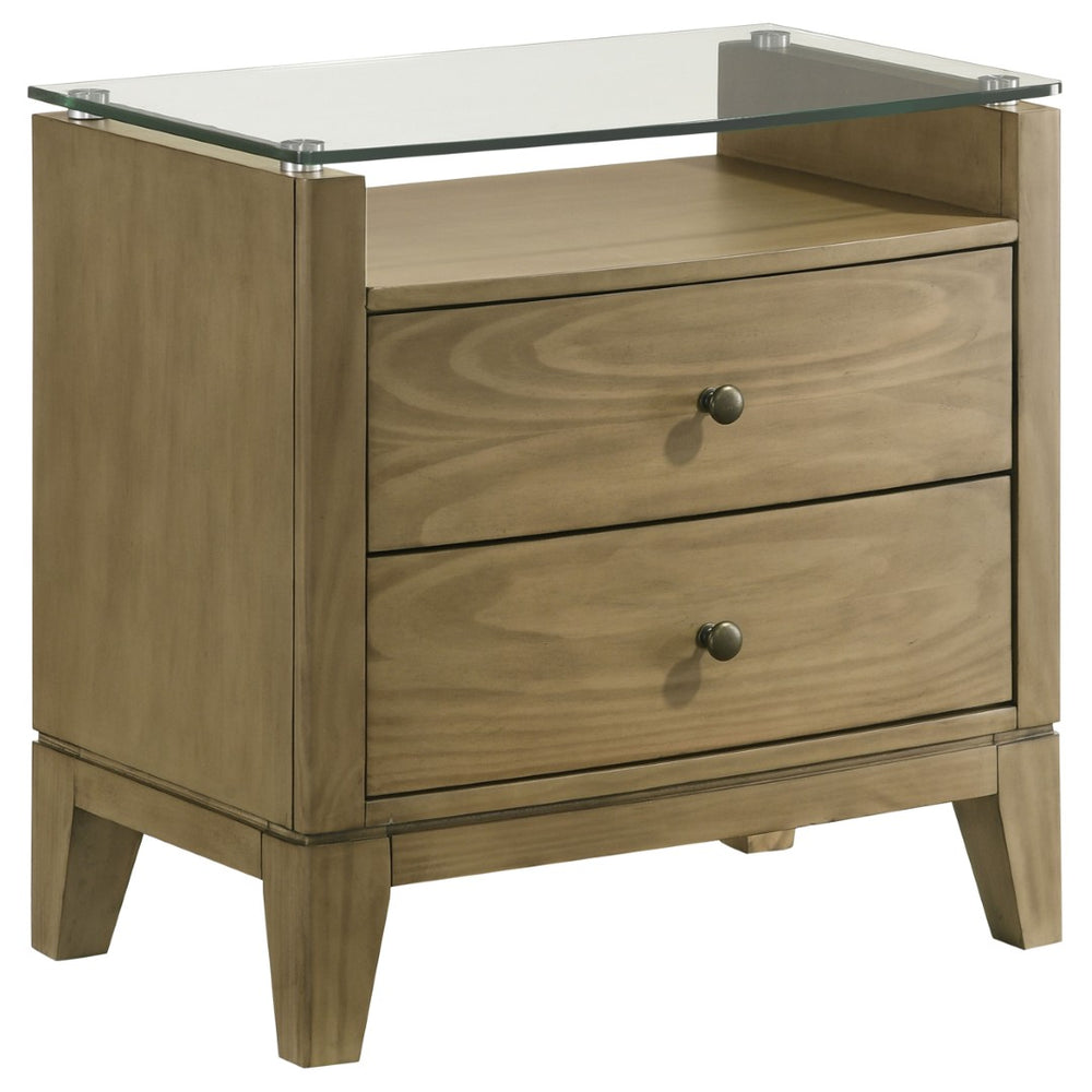 English Elm Menlo Pine Finish Two-Drawer Nightstand with Glass Top and Antique Nickel Hardware B062P517021