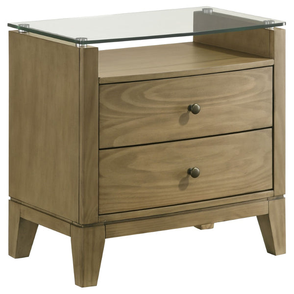 English Elm Menlo Pine Finish Two-Drawer Nightstand with Glass Top and Antique Nickel Hardware B062P517021