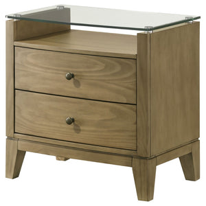 English Elm Menlo Pine Finish Two-Drawer Nightstand with Glass Top and Antique Nickel Hardware B062P517021
