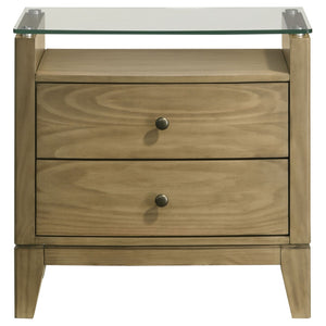 English Elm Menlo Pine Finish Two-Drawer Nightstand with Glass Top and Antique Nickel Hardware B062P517021
