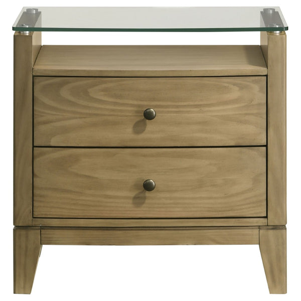 English Elm Menlo Pine Finish Two-Drawer Nightstand with Glass Top and Antique Nickel Hardware B062P517021