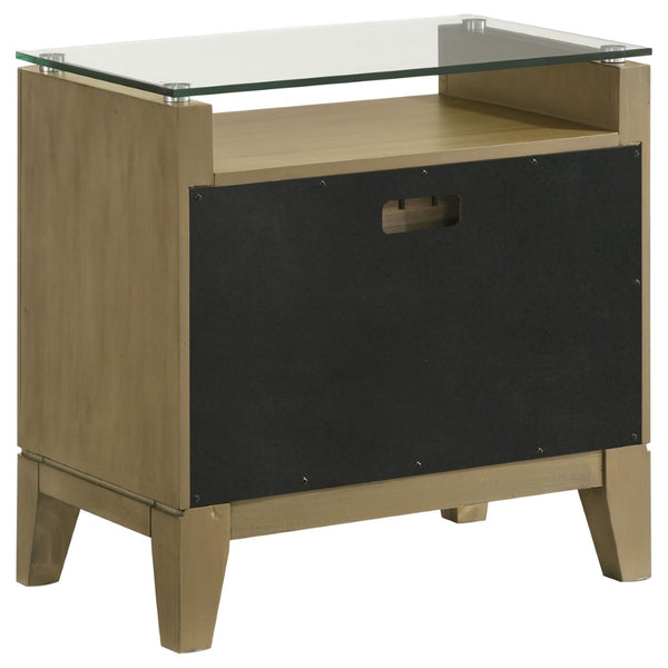 English Elm Menlo Pine Finish Two-Drawer Nightstand with Glass Top and Antique Nickel Hardware B062P517021