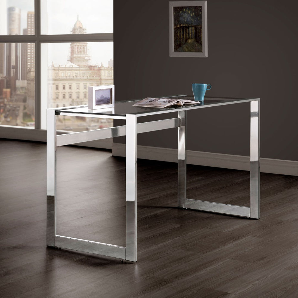 English Elm Colfax Tempered Glass Writing Desk with Chrome Frame for Modern Home Office Use B062P517027