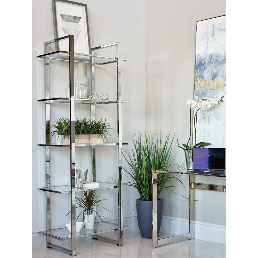 English Elm Colfax Five Shelf Tempered Glass Bookcase with Polished Chrome Frame for Modern Spaces B062P517028