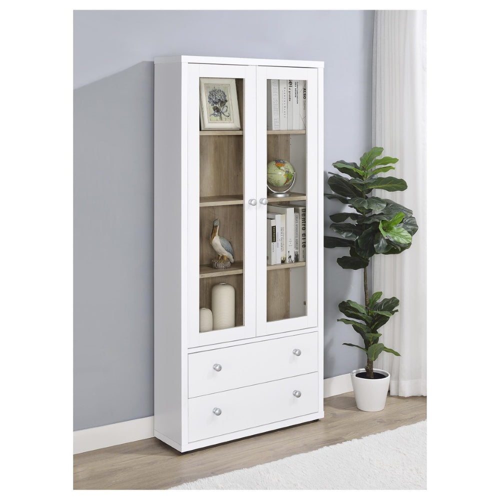 English Elm Idaho White Glass Door Display Cabinet with Drawers for Slim Vertical Storage B062P517038