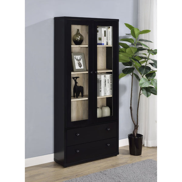 English Elm Idaho Tall Black Glass Door Display Cabinet with Drawers for Dining Room or Entryway B062P517039