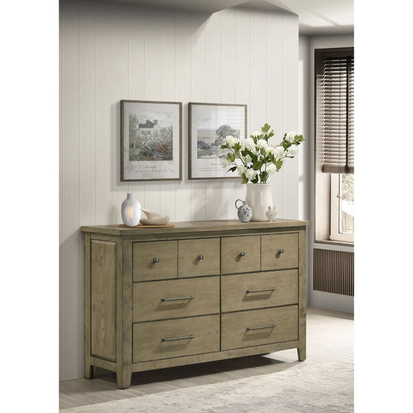 English Elm Pelton Six Drawer Dresser with Oak Grain Veneer and Antique Nickel Hardware for Bedroom B062P517061
