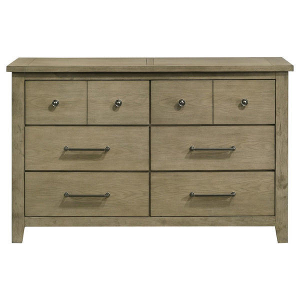 English Elm Pelton Six Drawer Dresser with Oak Grain Veneer and Antique Nickel Hardware for Bedroom B062P517061
