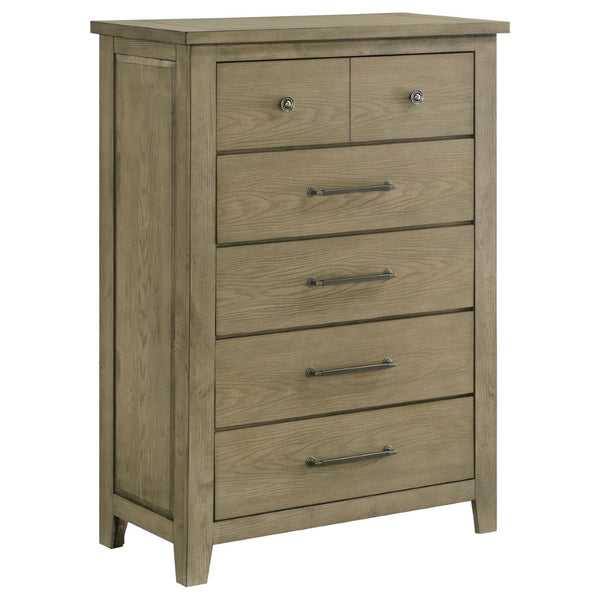 English Elm Pelton Five Drawer Tall Chest with Embossed Oak Grain Finish and Antique Nickel Hardware B062P517064