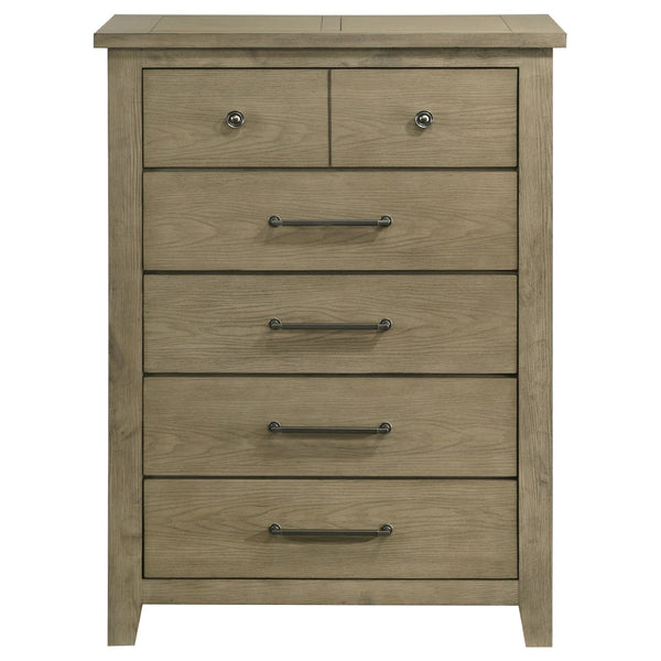 English Elm Pelton Five Drawer Tall Chest with Embossed Oak Grain Finish and Antique Nickel Hardware B062P517064