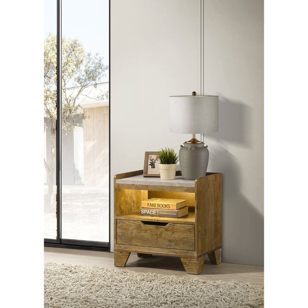 English Elm Packard Oak Grain Nightstand with Faux Marble Top LED Lighting and USB Charging Ports B062P517111