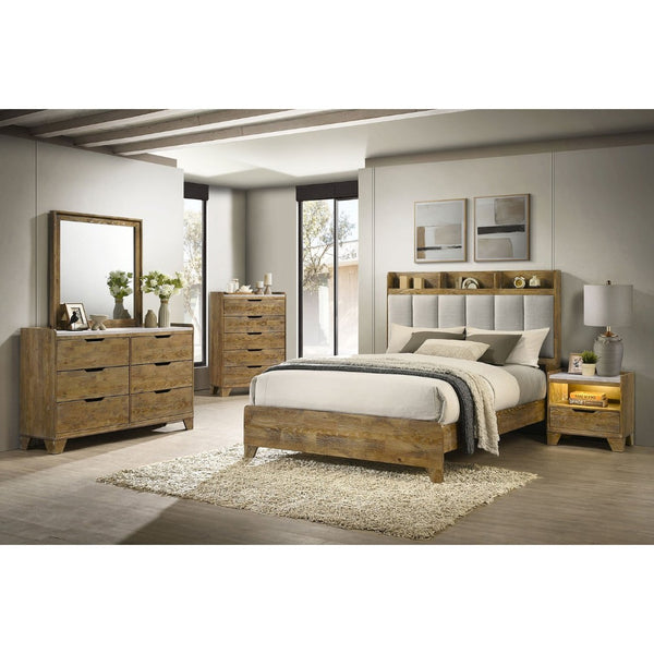 English Elm Packard Oak Grain Nightstand with Faux Marble Top LED Lighting and USB Charging Ports B062P517111