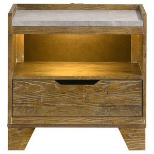 English Elm Packard Oak Grain Nightstand with Faux Marble Top LED Lighting and USB Charging Ports B062P517111