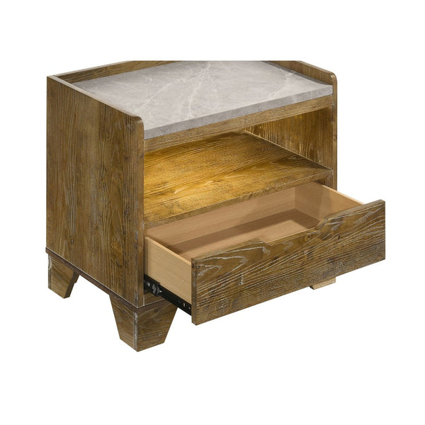 English Elm Packard Oak Grain Nightstand with Faux Marble Top LED Lighting and USB Charging Ports B062P517111