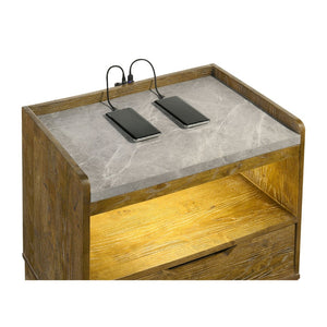 English Elm Packard Oak Grain Nightstand with Faux Marble Top LED Lighting and USB Charging Ports B062P517111