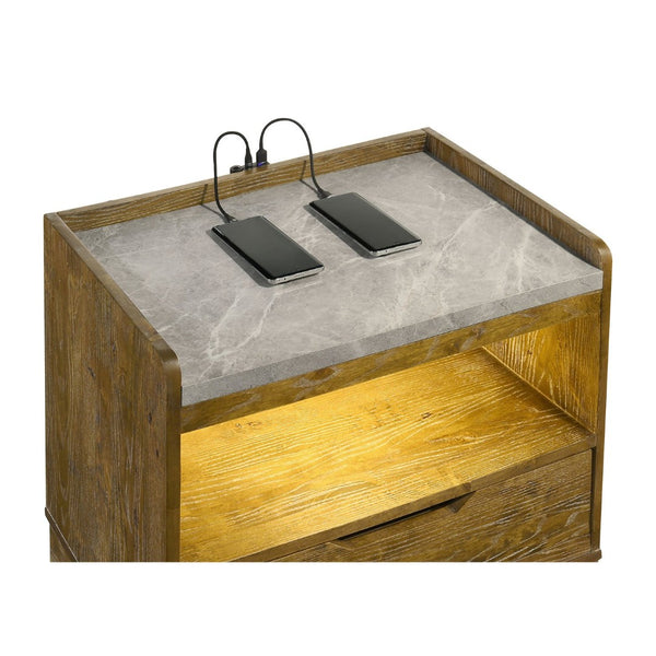 English Elm Packard Oak Grain Nightstand with Faux Marble Top LED Lighting and USB Charging Ports B062P517111