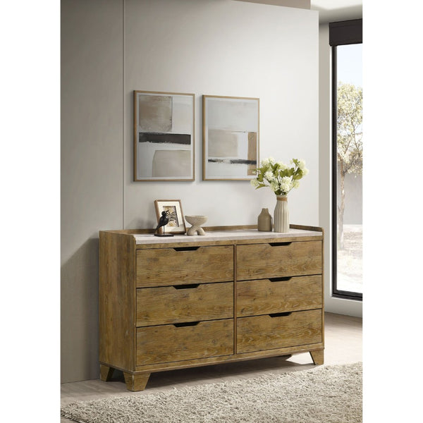 English Elm Packard Six Drawer Rubberwood Dresser with Faux Marble Top for Modern Bedroom Storage B062P517112