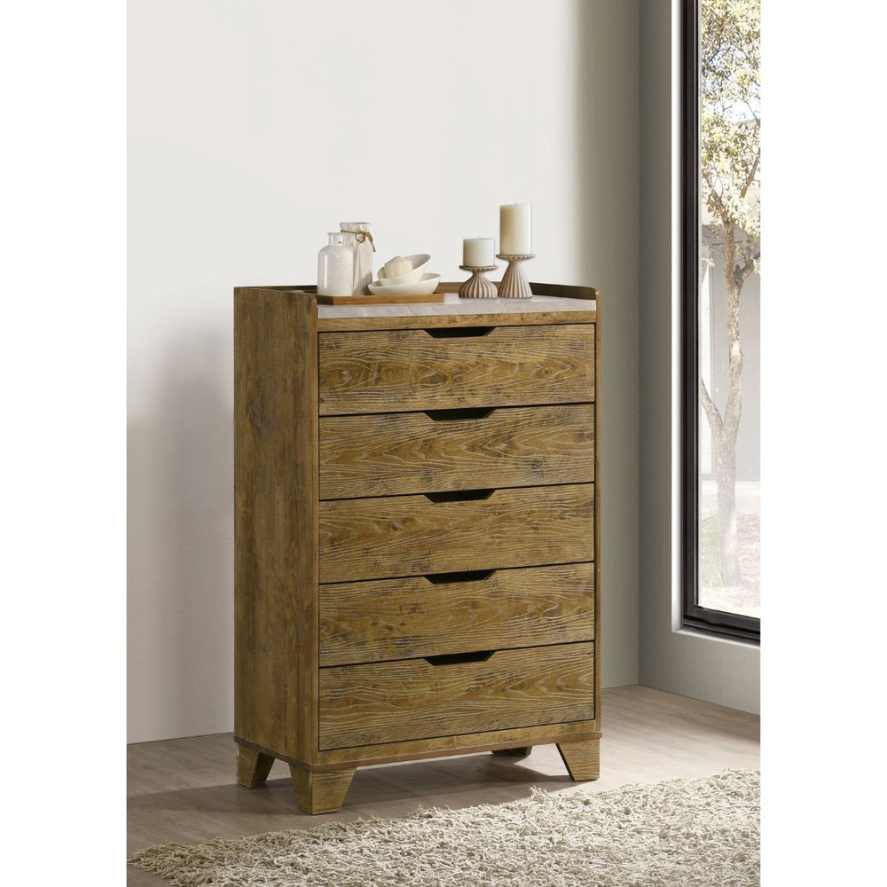 English Elm Packard Five Drawer Chest Rubberwood Frame Faux Marble Top Weathered Oak Bedroom Storage B062P517115