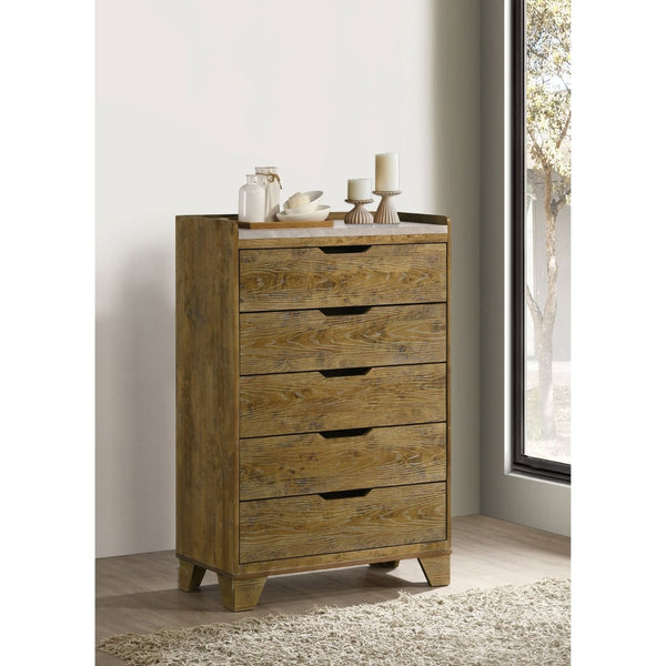 English Elm Packard Five Drawer Chest Rubberwood Frame Faux Marble Top Weathered Oak Bedroom Storage B062P517115