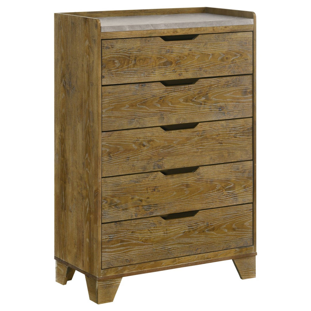 English Elm Packard Five Drawer Chest Rubberwood Frame Faux Marble Top Weathered Oak Bedroom Storage B062P517115
