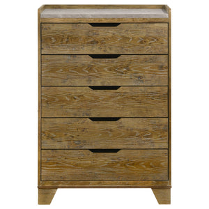 English Elm Packard Five Drawer Chest Rubberwood Frame Faux Marble Top Weathered Oak Bedroom Storage B062P517115