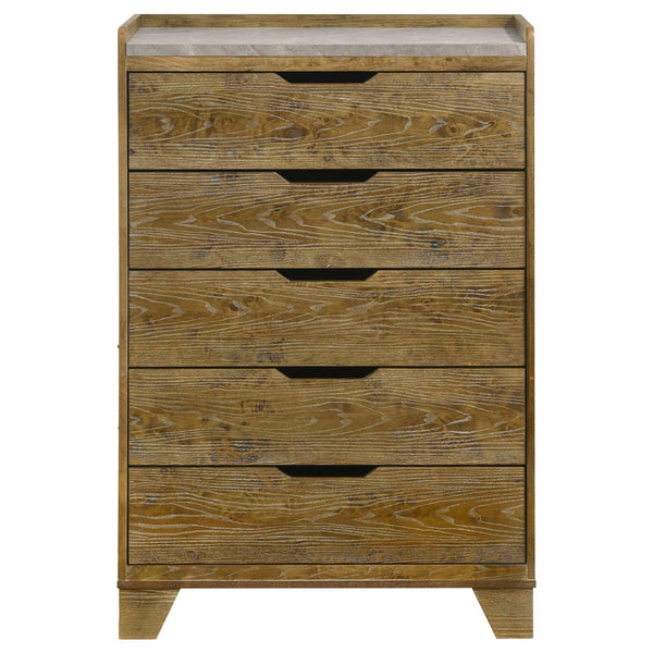 English Elm Packard Five Drawer Chest Rubberwood Frame Faux Marble Top Weathered Oak Bedroom Storage B062P517115